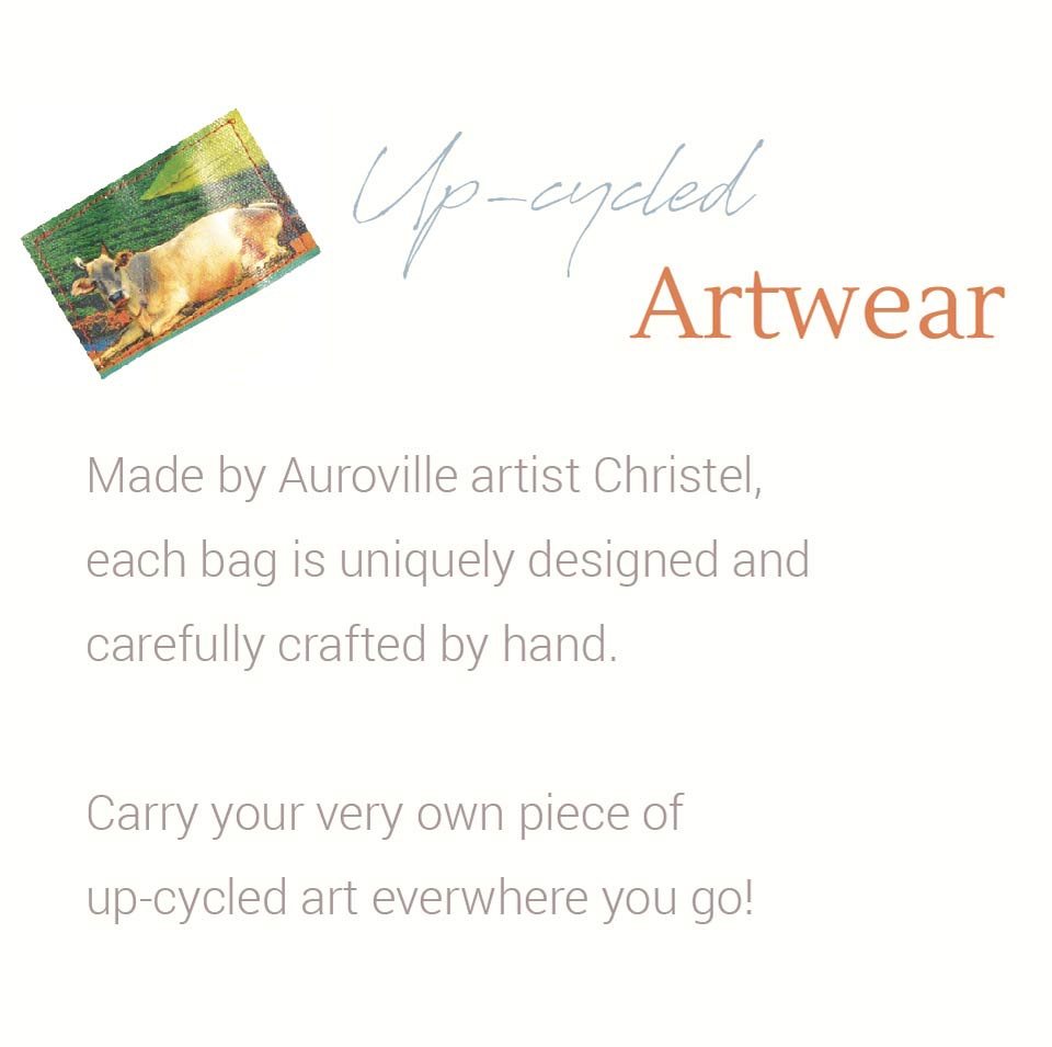 Upcycled bags tote bags upcycled art upcycled in Auroville handmade in auroville upcycled women bags Upcycled unisex bags upcycled bags for men upcycled art wear auroville upcycled purses repurposed bags and wall organizer upcycle kiosk auroville 